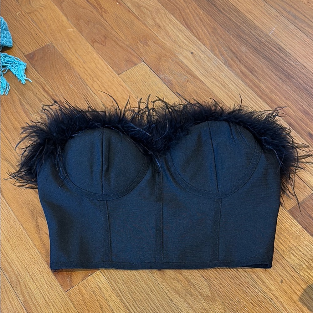 Revolve Superdown Black Feather Trim Bustier Crop… - image 2
